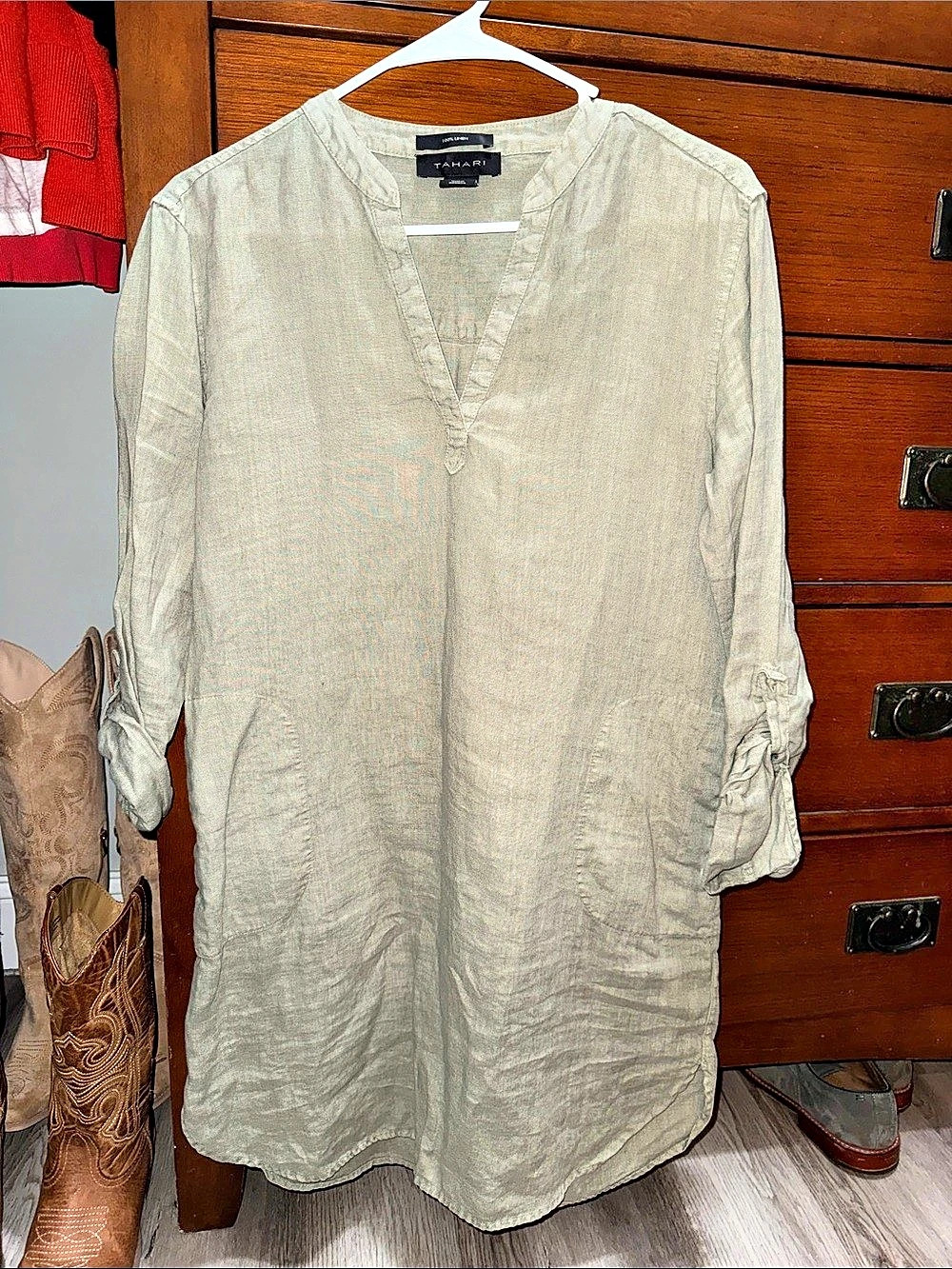 Tahari Linen Dress 100% Linen in Green Size Small